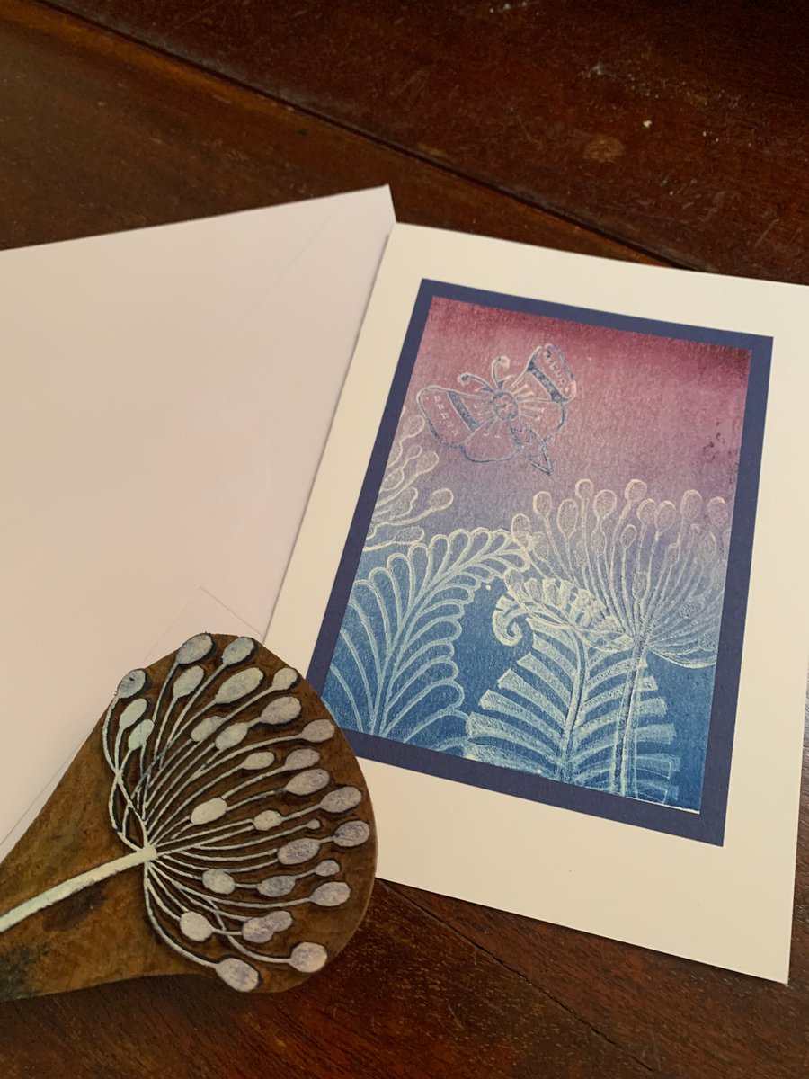 Gelli print moth leaves and seed heads card