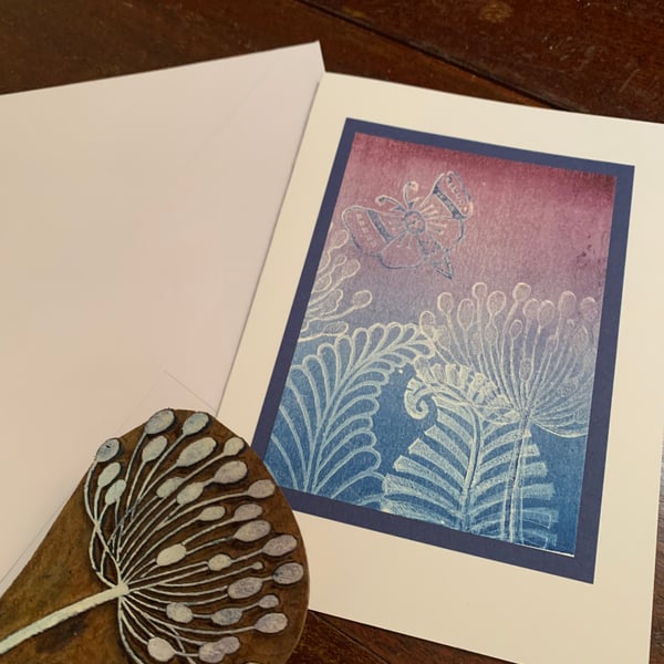 Gelli print moth leaves and seed heads card