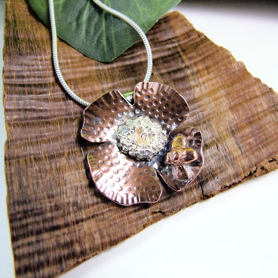 Flower and Bee Necklace, Copper and Sterling Silver 