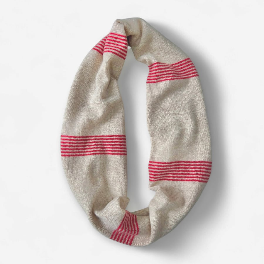 Ecru Infinity Scarf with Red ticking stripe