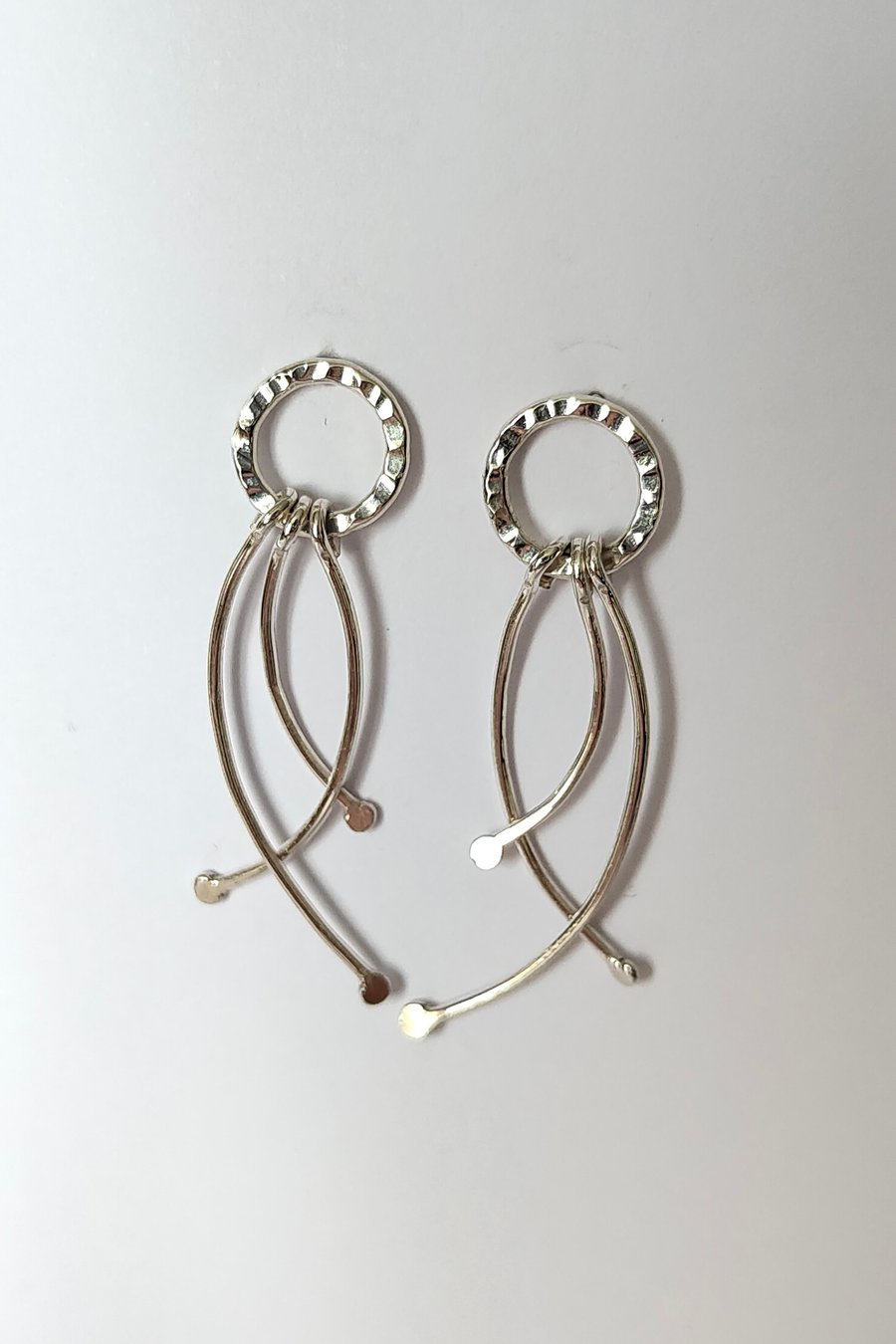 Sterling Silver Hammered Circle and Stamen Dangle Stud Earrings