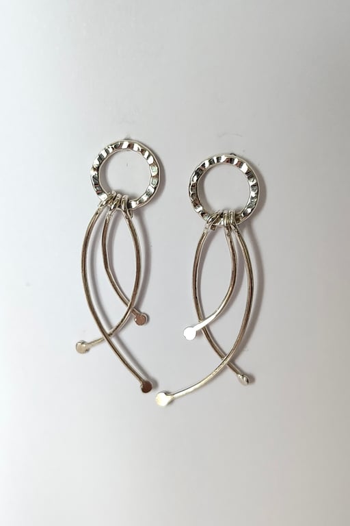 Sterling Silver Hammered Circle and Stamen Dangle Stud Earrings