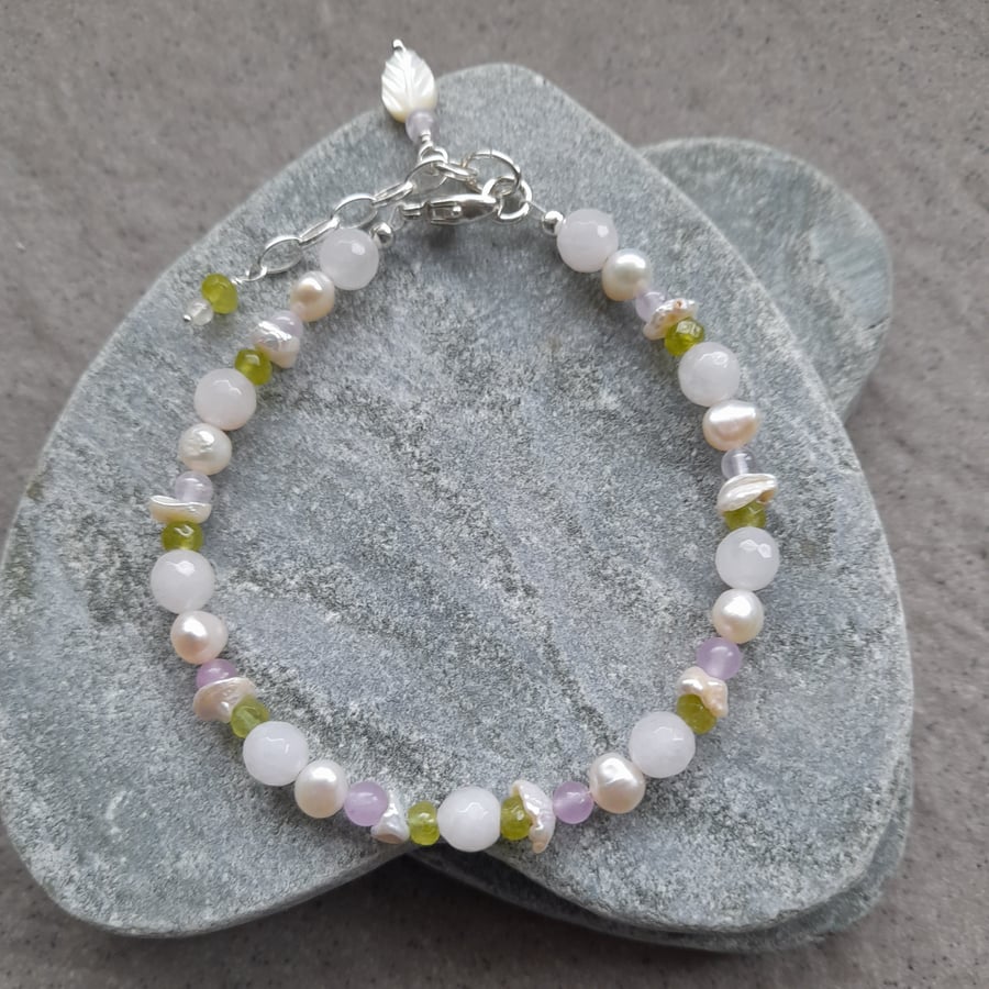 Freshwater Cultured Pearl And Gemstone  Sterling Silver Bracelet