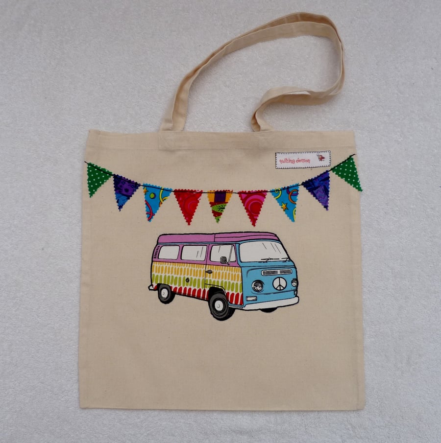 Blue and Purple  Applique VW Camper Van and Bunting Cotton Canvas Bag
