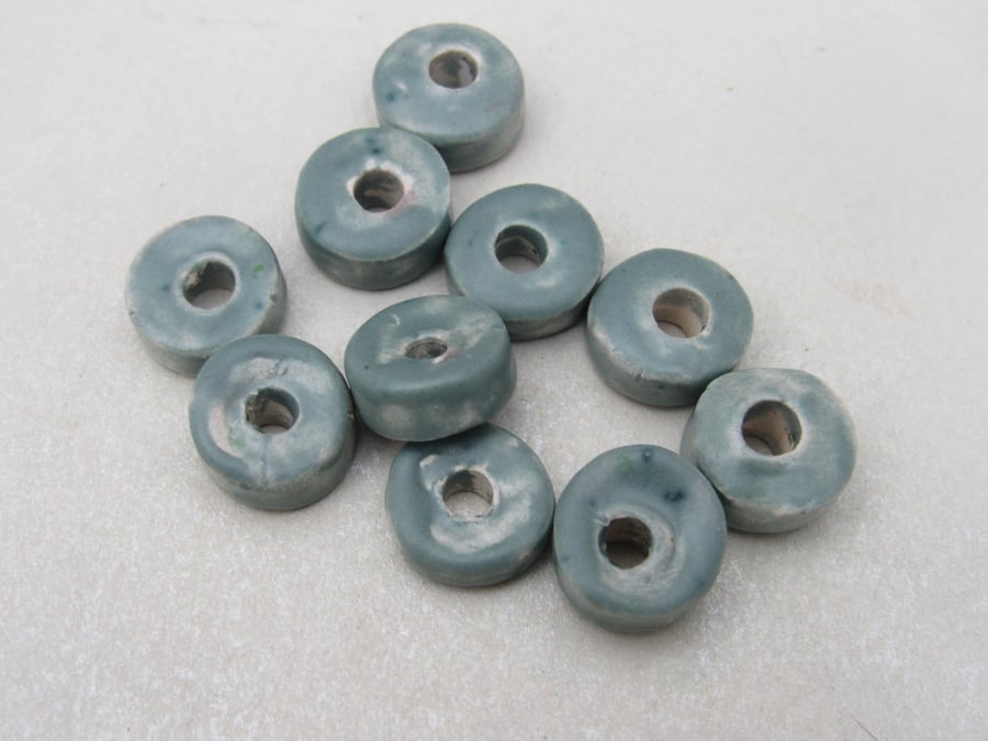 10 Small Sage Green Glazed Ceramic Washer Beads