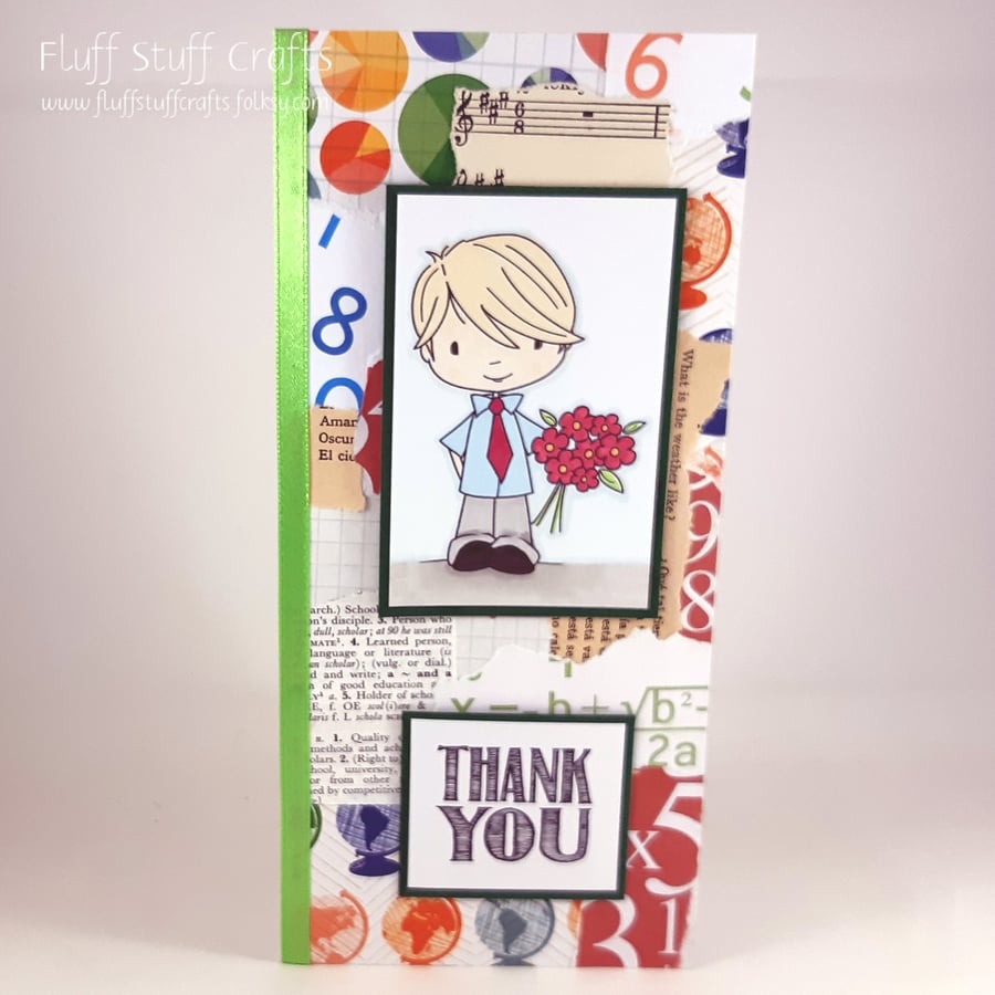 Handmade collage schoolboy thank you teacher card