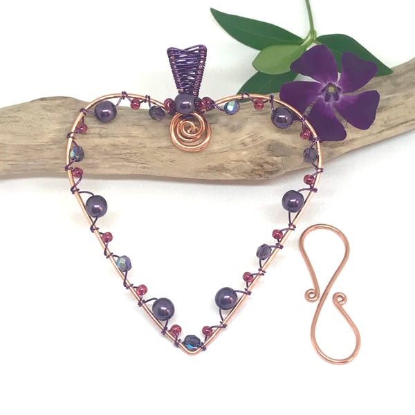 Copper Wire Work Heart Decoration, Pink and Purple