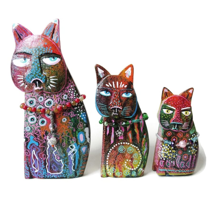 Three Hand Painted Cat Figures Colourful Unique Wooden Statues Boho Kitty Art