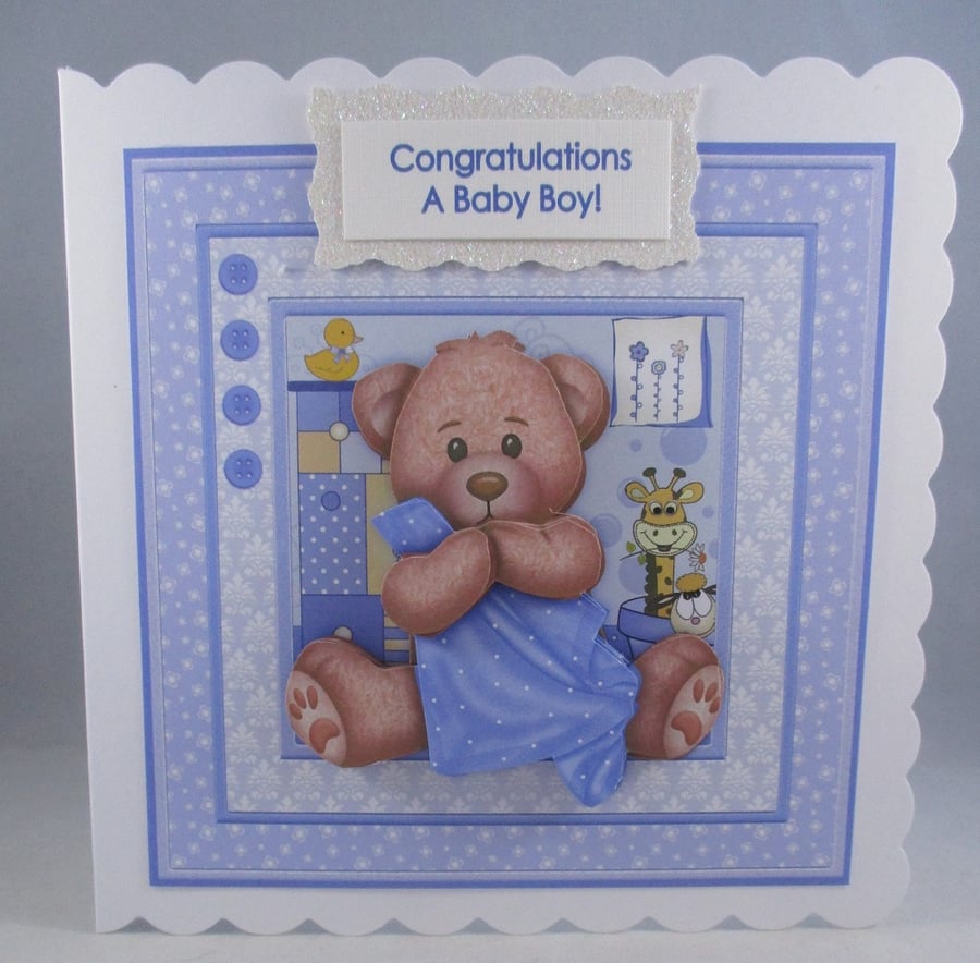 Handmade Decoupage,3D Baby Boy, Baby Shower, Greetings Card, Blanket, Personalis