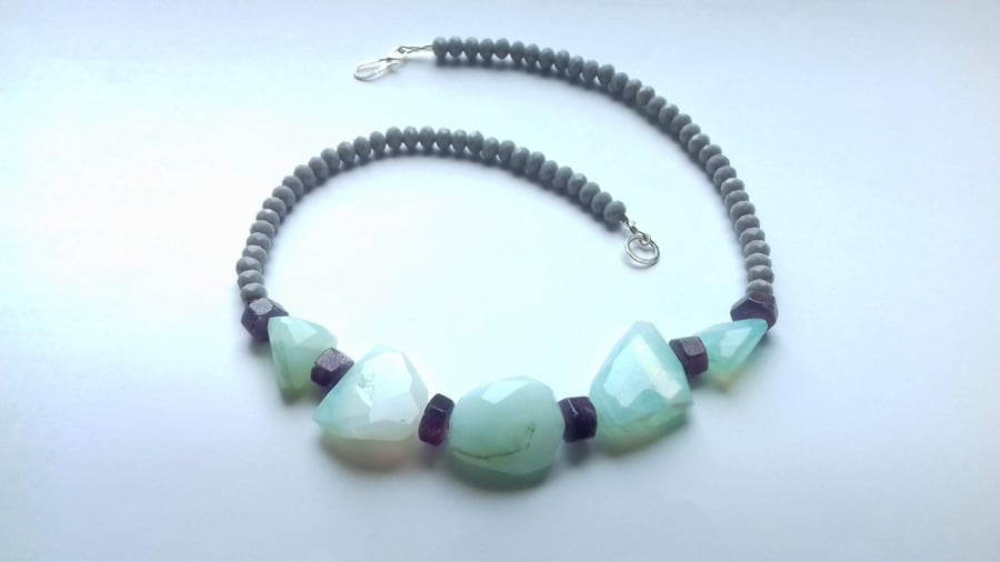 Opal, Ruby and Glass Bead Necklace with Sterling Silver Clasp 