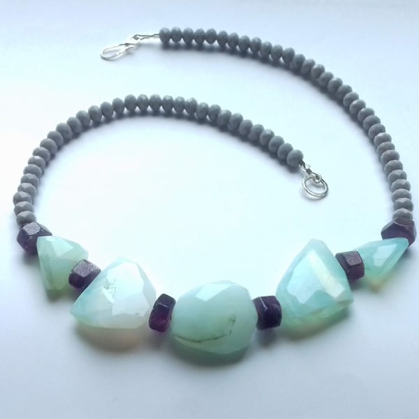 Opal, Ruby and Glass Bead Necklace with Sterling Silver Clasp 