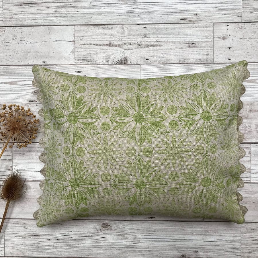 Hand Printed Linen Cushion - RUNA - Chartreuse Green