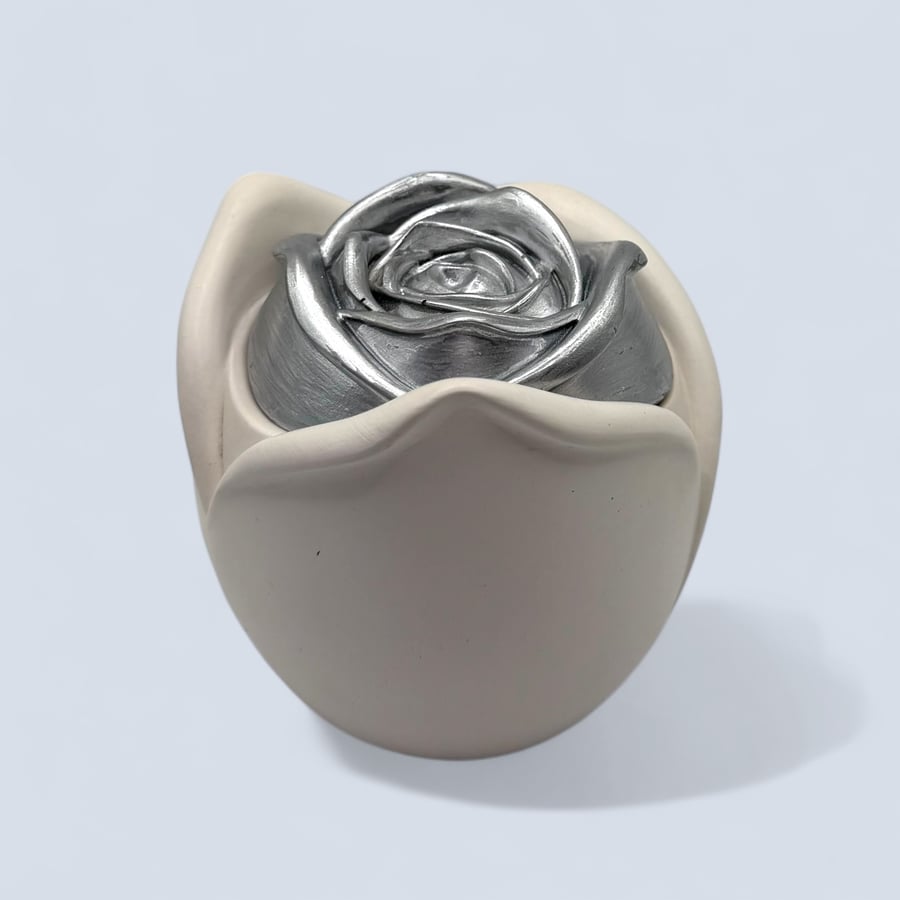 White trinket pot with silver rose lid - handmade jewellery box or keepsake pot