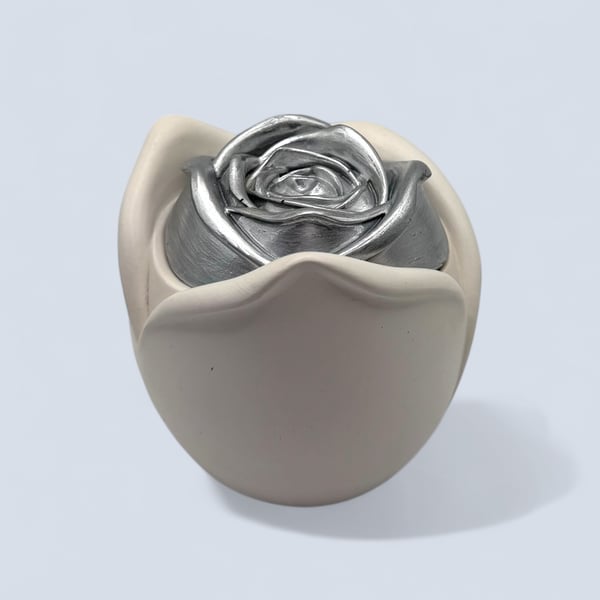 White trinket pot with silver rose lid - handmade jewellery box or keepsake pot