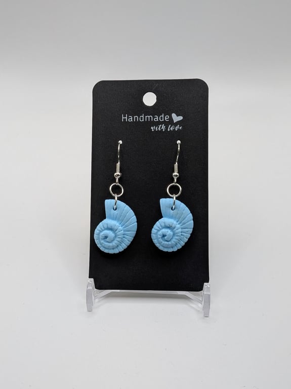 Handmade Blue Shell Earrings Spiral Fossil Dangle Earrings Coastal Beach Jewelry