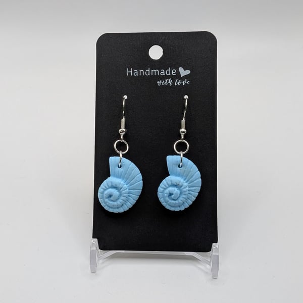 Handmade Blue Shell Earrings Spiral Fossil Dangle Earrings Coastal Beach Jewelry