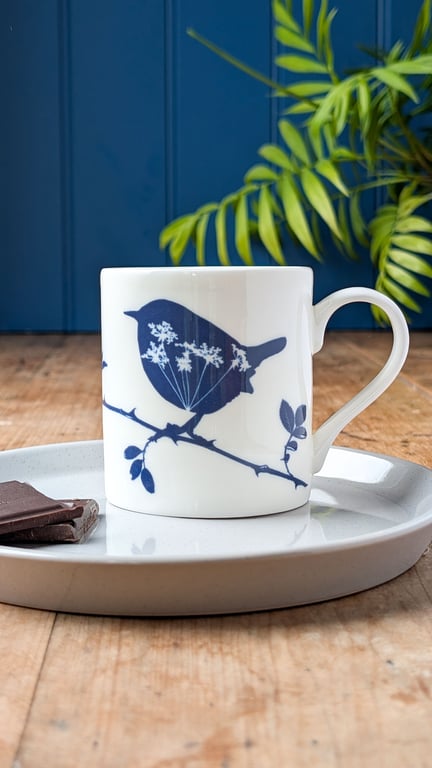 Fine china blue Wren mug. New 2026, blue & white fine bone china mug for friend.