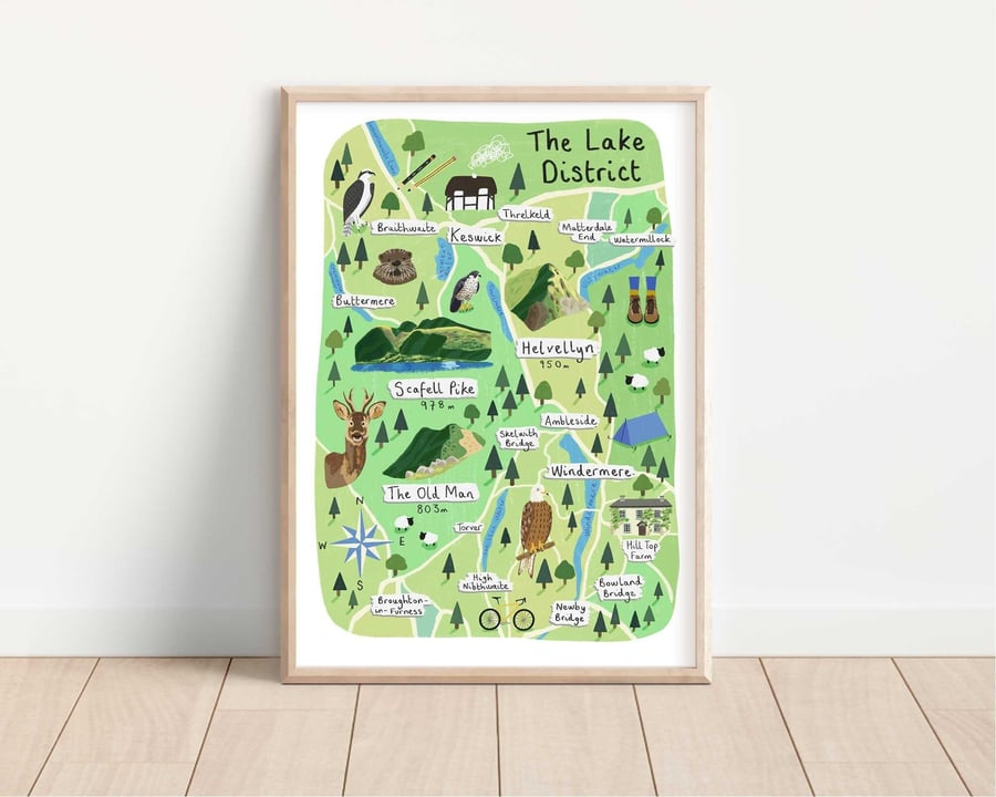 Lake District Illustrated Map Print  A5, A4, A3