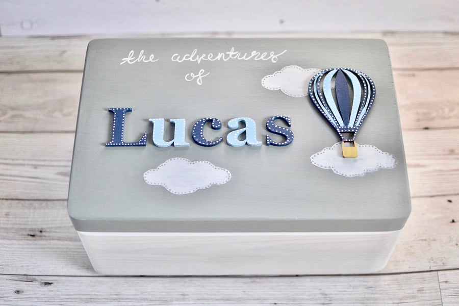 Handpainted Baby Memory Box, Hot Air Balloon Wooden Memory Box, Baby Gift