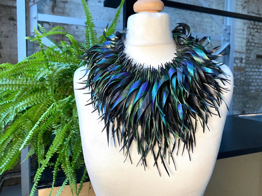Peacock Coloured Curly Tassel Statement Necklace
