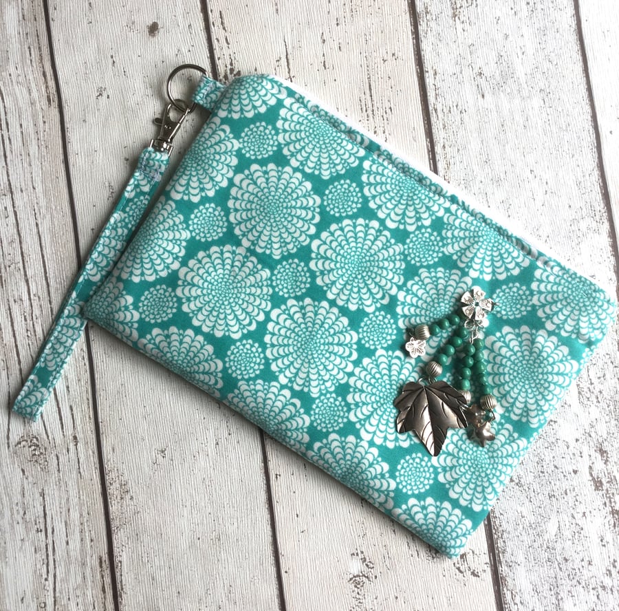 Turquoise & White Fabric Clutch Bag with Matching Nail File Holder FREE P&P