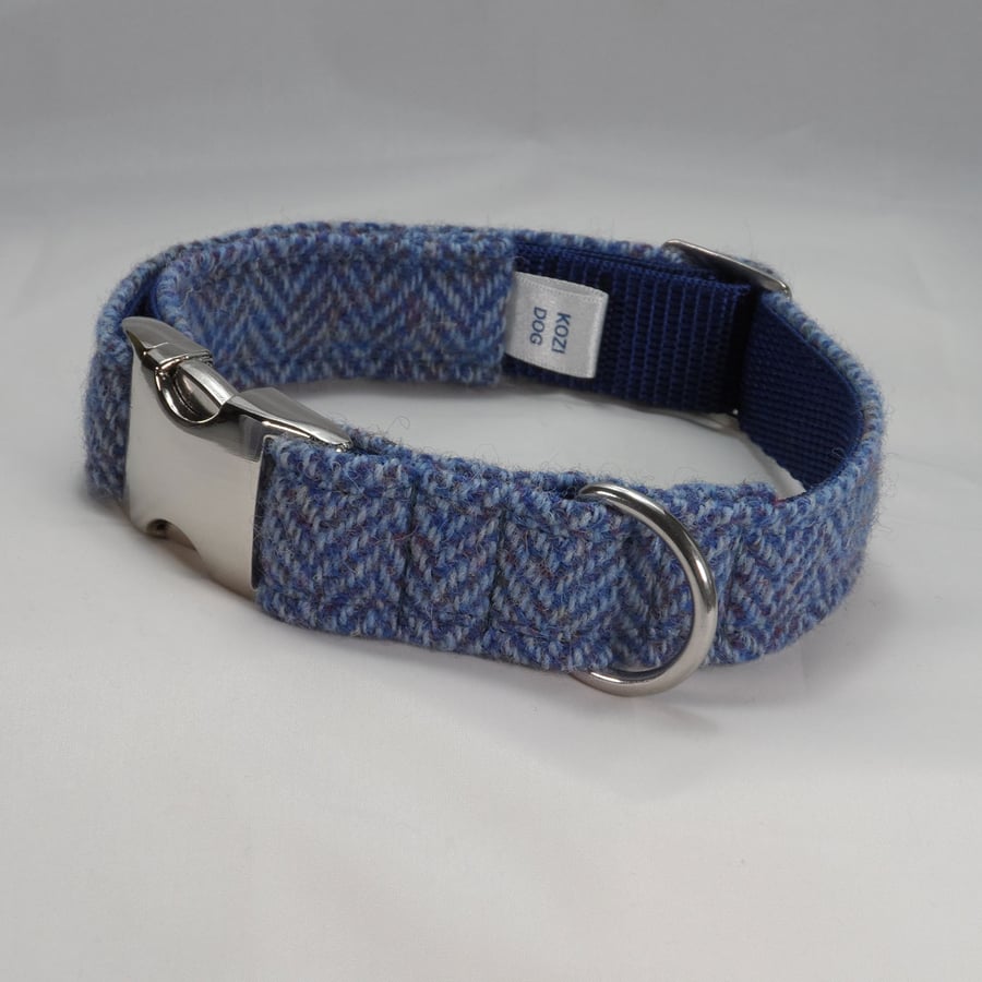 Handmade Harris Tweed Dog Collar - Blue Herringbone 