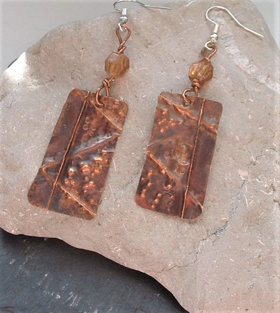 Rustic Copper Fold Formed Earrings with glass beads