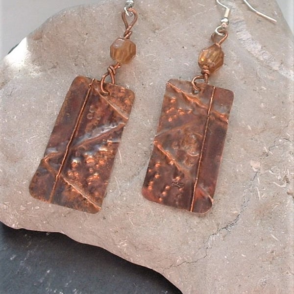 Rustic Copper Fold Formed Earrings with glass beads