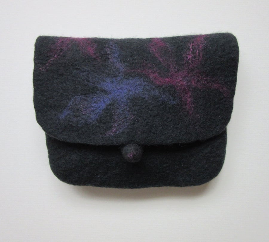Black clutch bag hand felted with merino wool