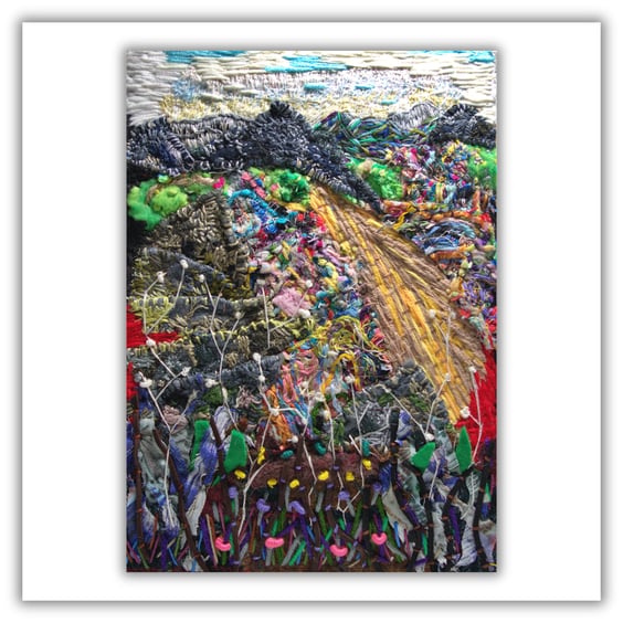 Scottish landscape - hand stitched needlework - countryside - glazed box frame