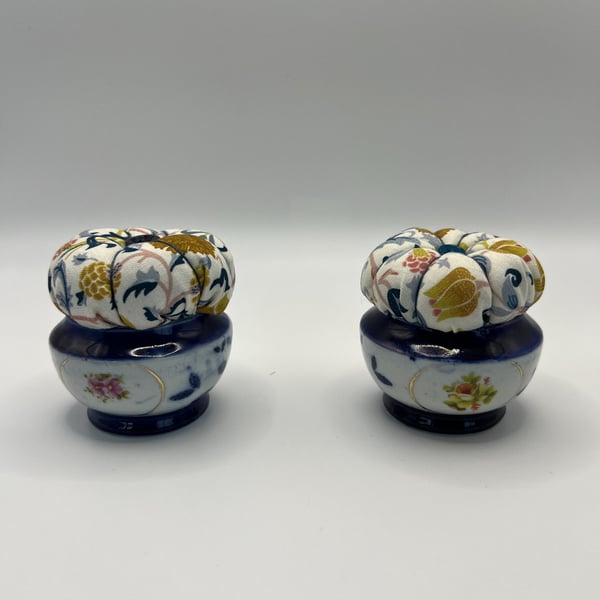 A Pair of Vintage Upcycled Ceramic Decorative Small Pin Cushions