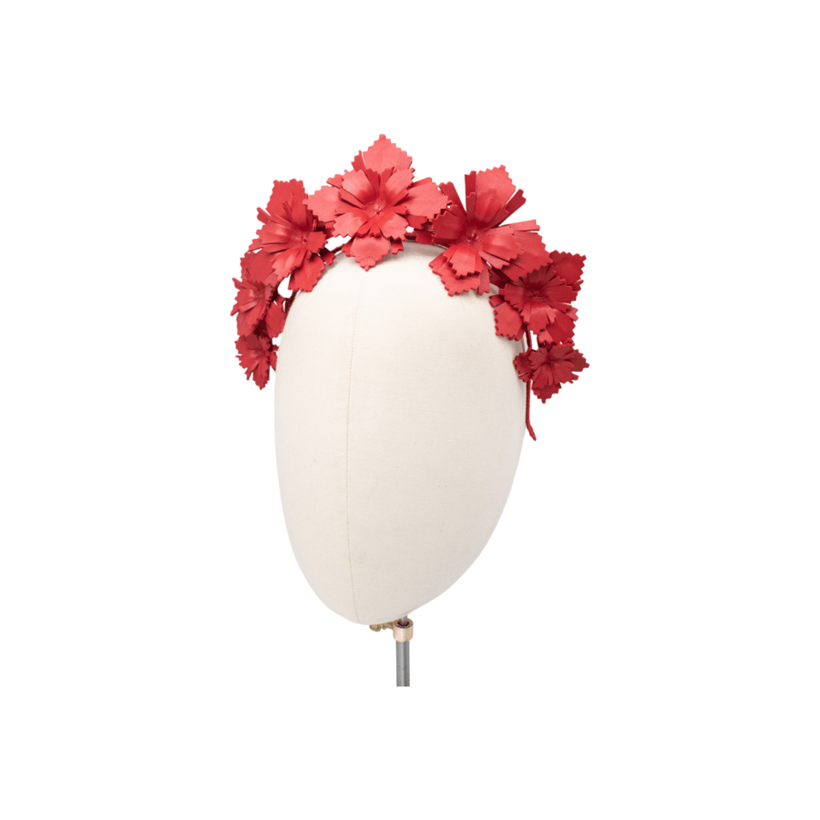 Red Headpiece - Leather Floral Crown, Races Millinery