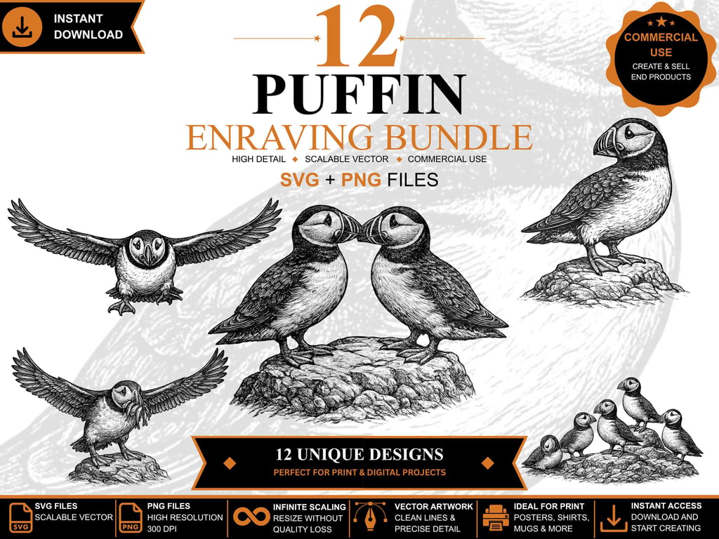 12 Vintage Puffin Engraving SVGs Bird Clipart Bundle (Digital Download)