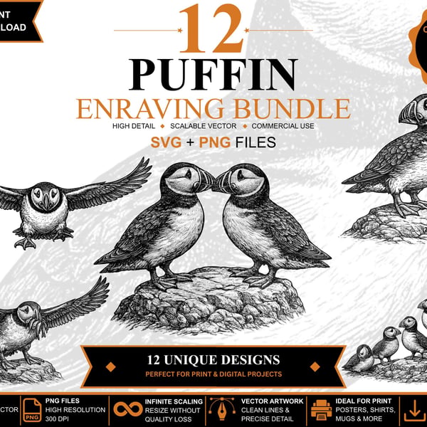12 Vintage Puffin Engraving SVGs Bird Clipart Bundle (Digital Download)