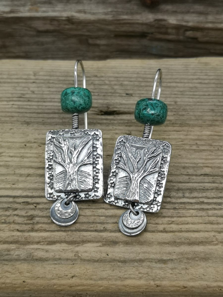 Starry Tree Earrings with Chrysocolla Beads (reduced)