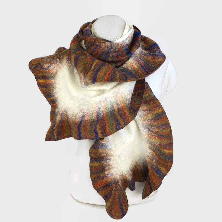 Nuno felted merino wool scarf with multicoloured rainbow ruffled border