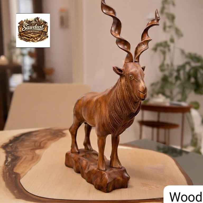 Hand Carved Wooden Kudu Antelope Statue: Rustic Cabin Decor & Detachable horns