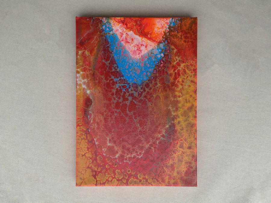 Acrylic Pour Art Canvas, Wall Art - Red,Orange,Blue & White Flower Colour Scheme