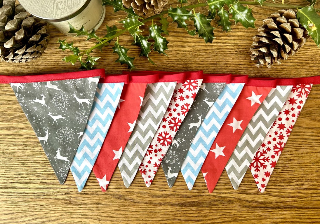 Handmade Red, Grey and Blue Christmas Bunting - Handmade Fabric Garland