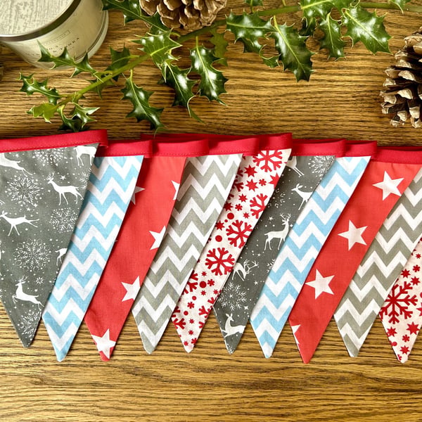 Handmade Red, Grey and Blue Christmas Bunting - Handmade Fabric Garland