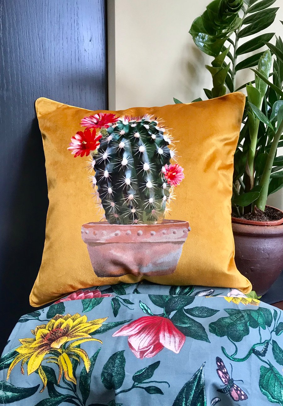 Velvet Cactus Cushion Cover, Mustard velvet pillow, Velvet piped cushion