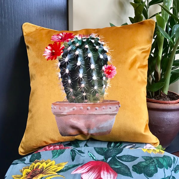 Velvet Cactus Cushion Cover, Mustard velvet pillow, Velvet piped cushion