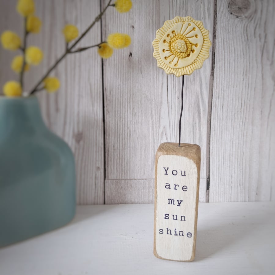 Clay Sun in a Wood Block 'you are my sunshine'