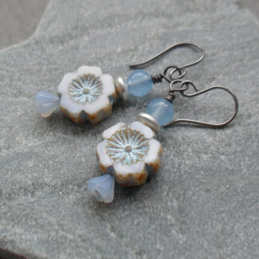  Czech Glass Flower Beads Drop Earrings Niobium Ear Wires