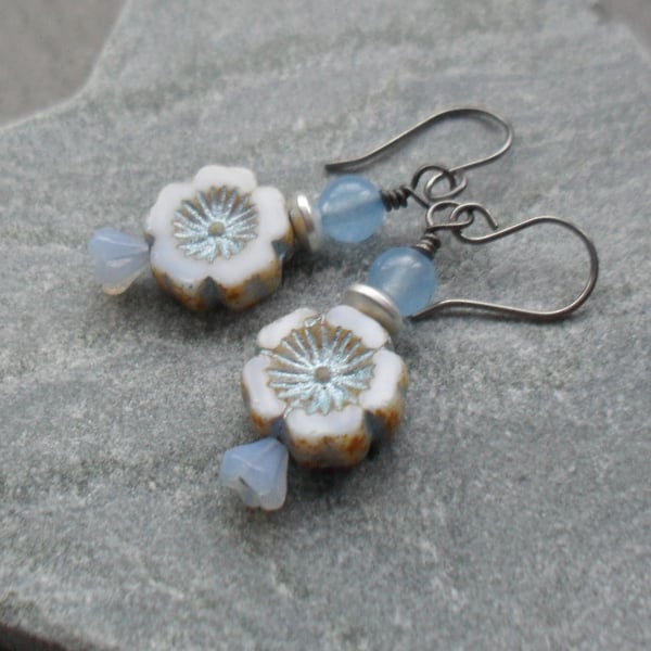  Czech Glass Flower Beads Drop Earrings Niobium Ear Wires