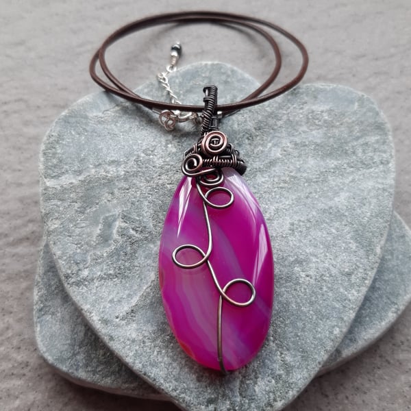  Copper Wire Wrapped Pink Agate Pendant With Cotton or Leather Cord 