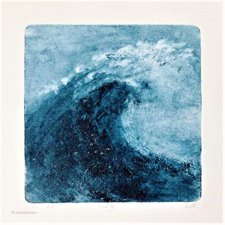 Crashing wave original collagraph print for surfers and storm lovers