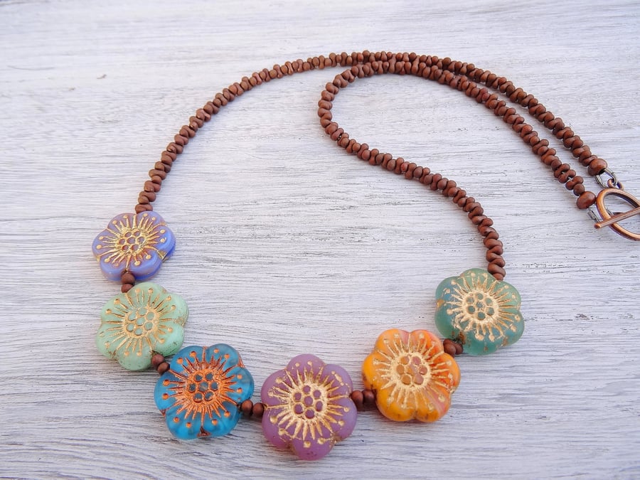 Anemone Necklace, Multicolour Necklace, Czech Glass Necklace, Flower Necklace. 