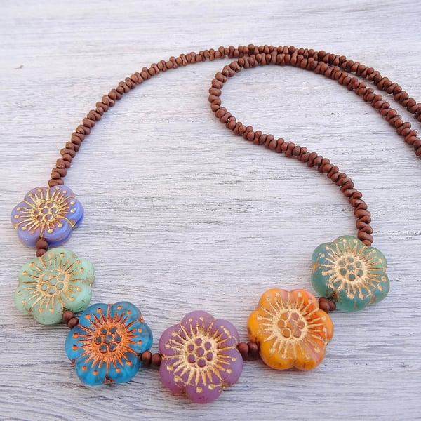Anemone Necklace, Multicolour Necklace, Czech Glass Necklace, Flower Necklace. 
