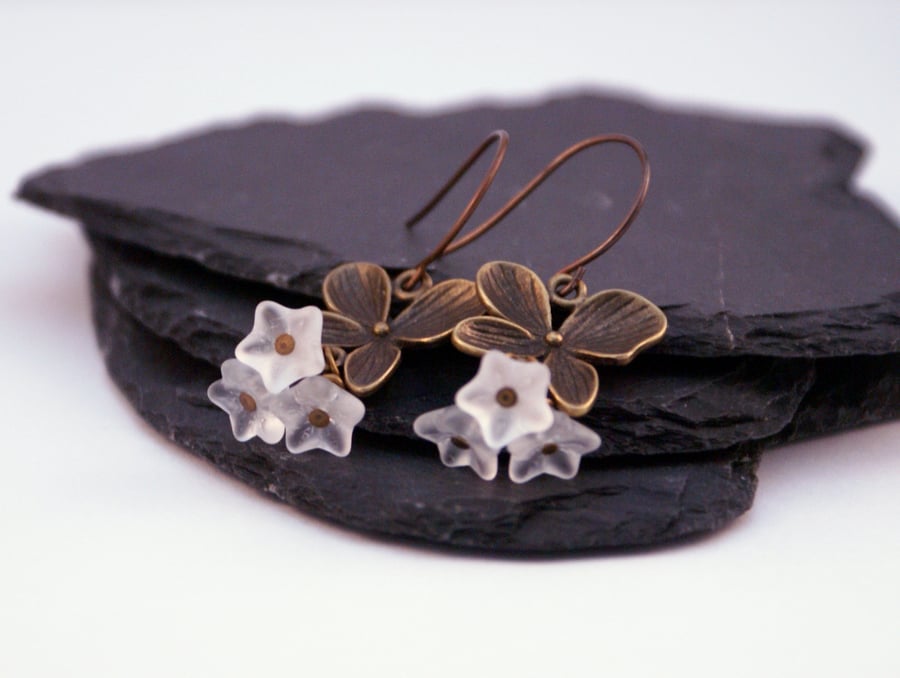 Bronze Flowers – Wire Wrapped Czech Glass Flower Earrings - Matt Crystal White